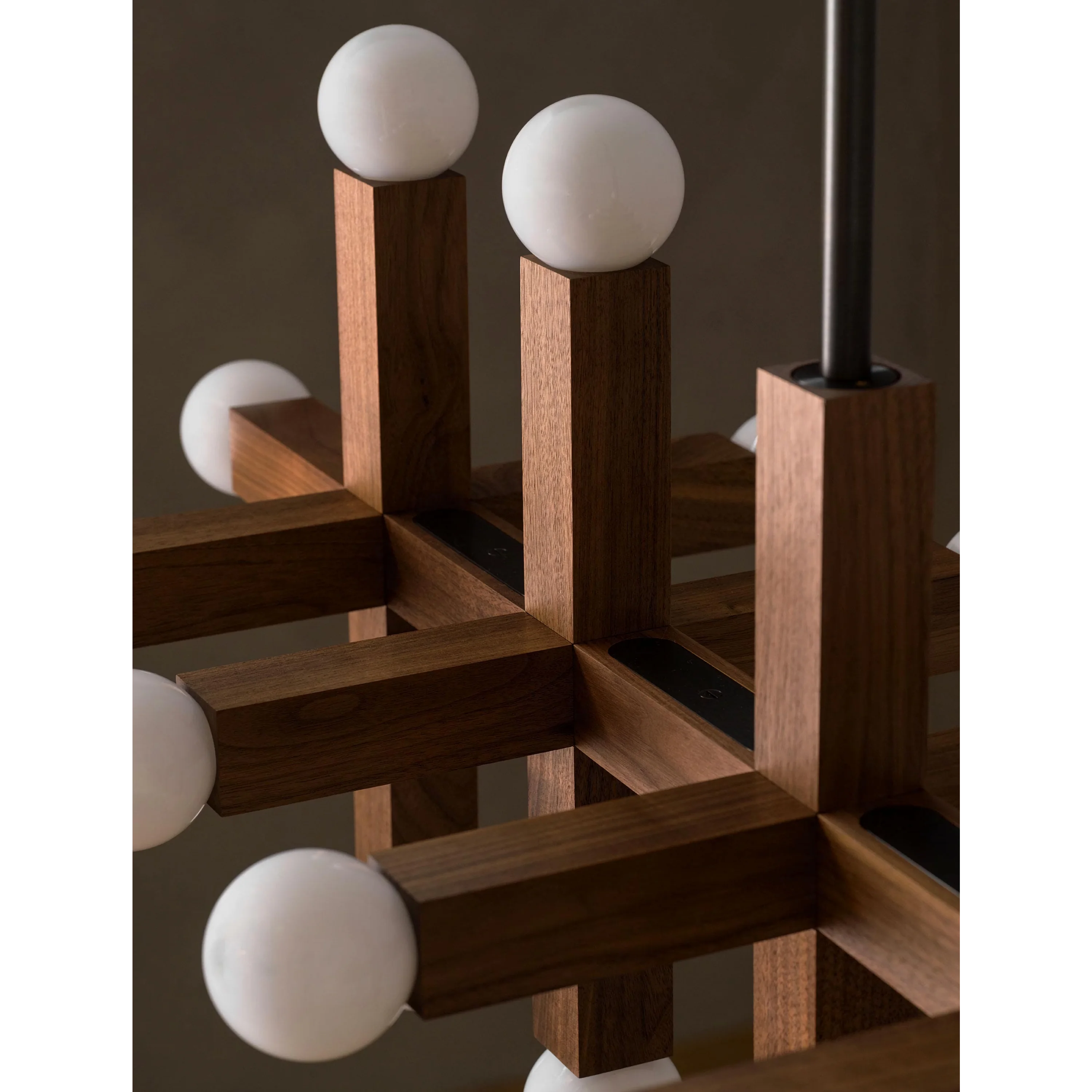 Geometric Walnut Grid Chandelier | 12 Light Opal Globe Pendant | Modern Sculptural Ceiling Fixture for Dining or Studio