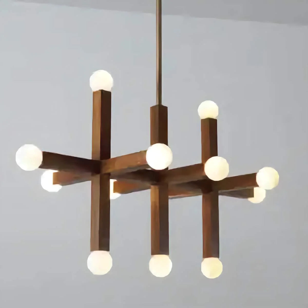 Geometric Walnut Grid Chandelier | 12 Light Opal Globe Pendant | Modern Sculptural Ceiling Fixture for Dining or Studio