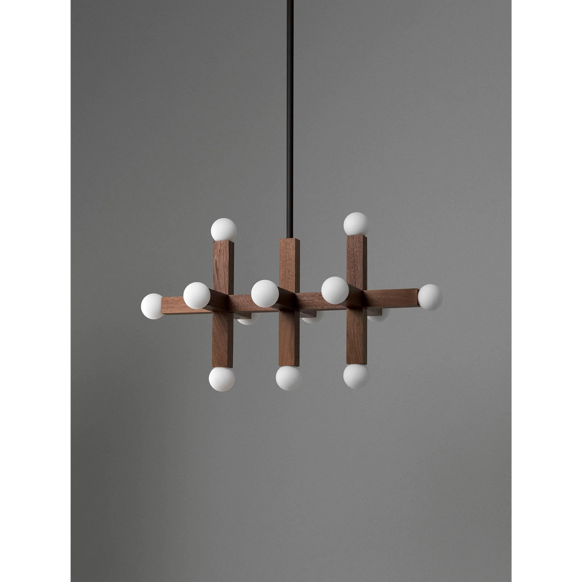 Wood Chandelier for Dining Room | Walnut or Ash Three Link Grid 13 Opal Glass Globes 31.5 Inch Long Casalola Lights