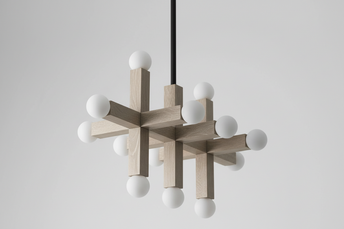 Wood Chandelier for Dining Room | Walnut or Ash Three Link Grid 13 Opal Glass Globes 31.5 Inch Long Casalola Lights