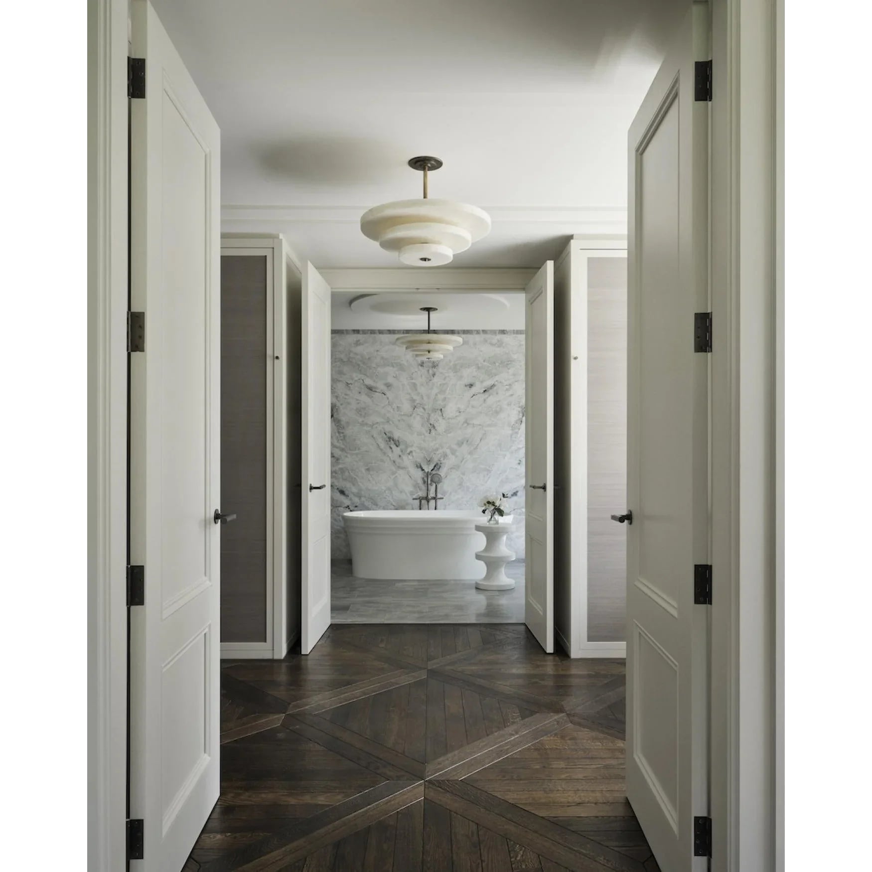 Tiered Alabaster Disc Dining Room Chandelier | Modern Semi Flush Ceiling Light Statement Fixture Architectural Accent