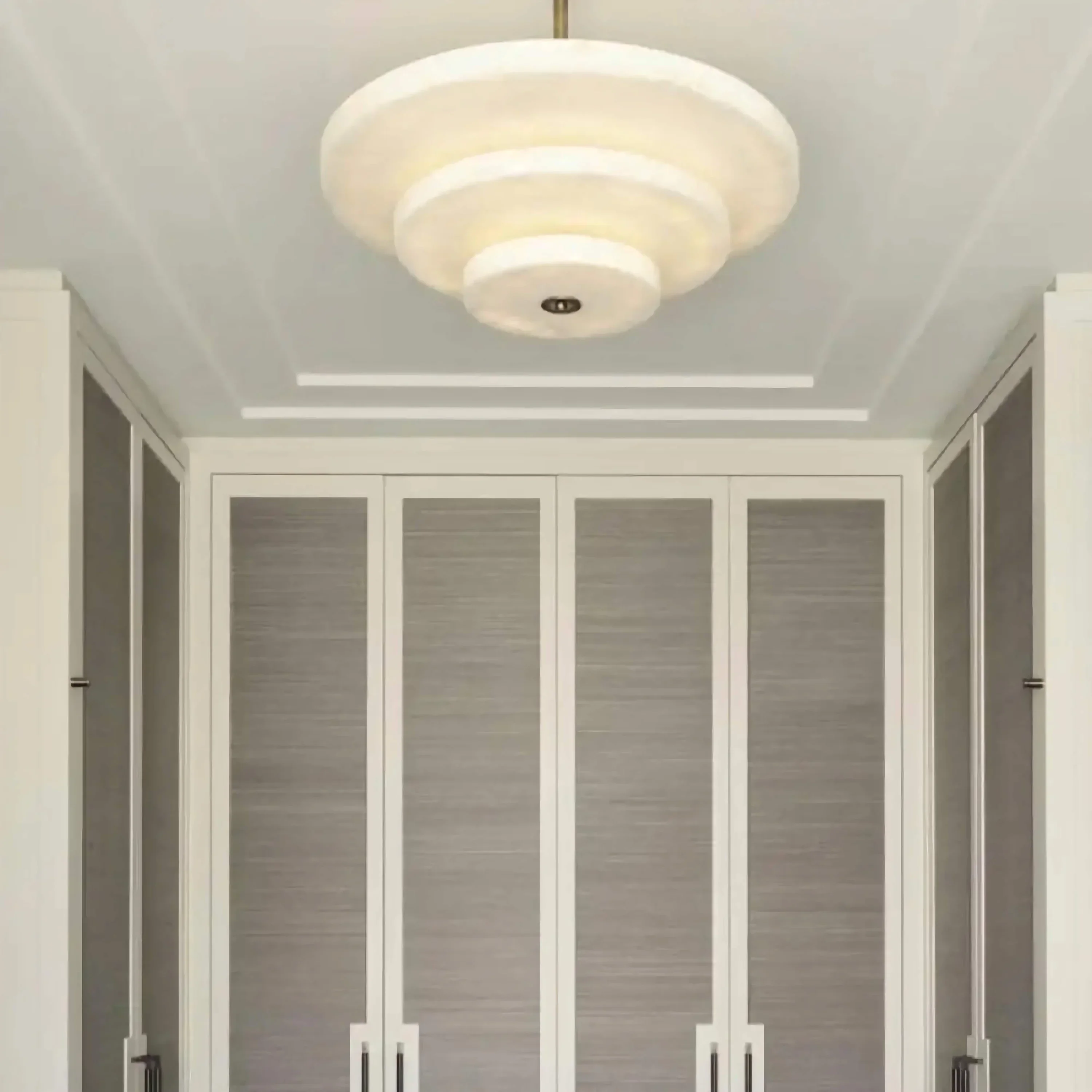 Tiered Alabaster Disc Dining Room Chandelier | Modern Semi Flush Ceiling Light Statement Fixture Architectural Accent