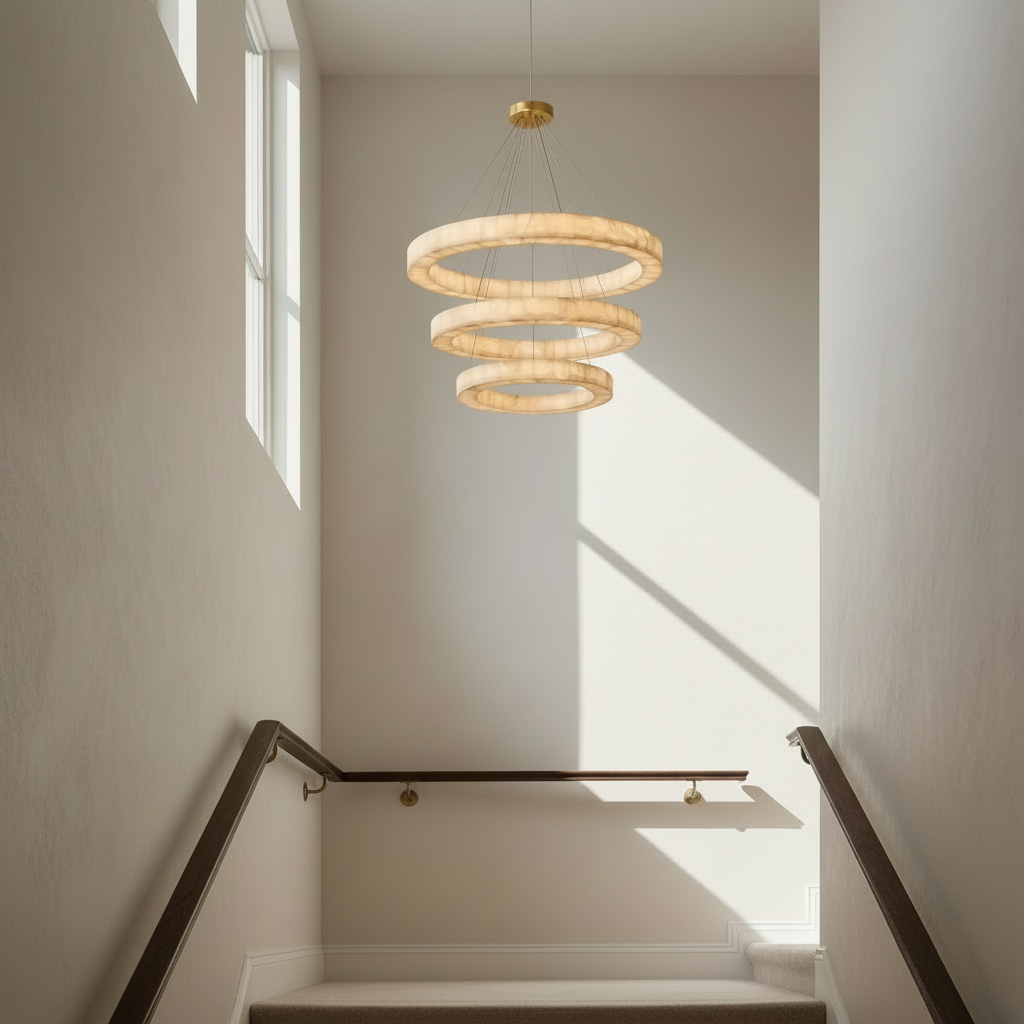 Large Alabaster Triple Ring Pendant Light Copper – Grand Led Halo Chandelier for Staircase & Living Room Casalolalights