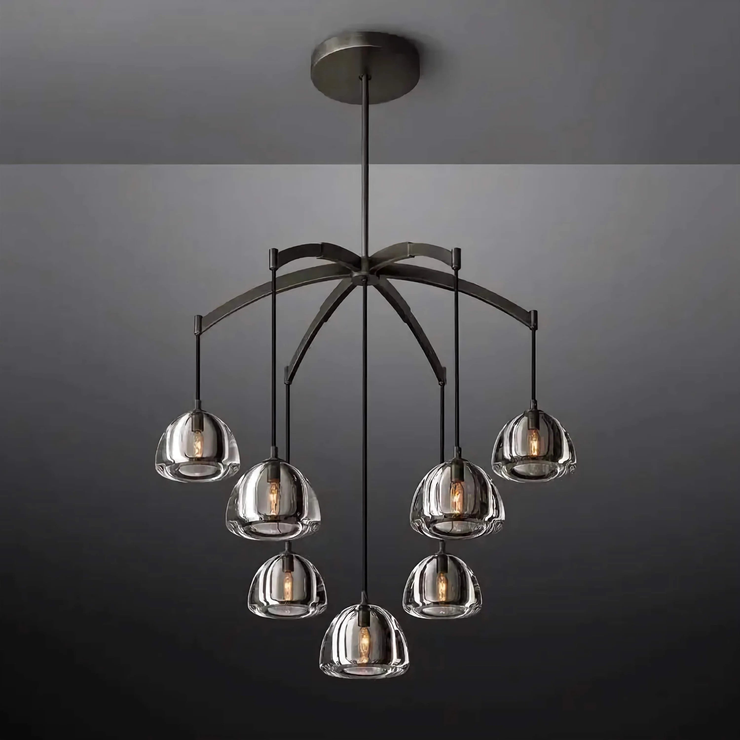 Black Iron & Smoke Glass 7 Light Arch Chandelier | Modern Dining Room Pendant Lighting Statement Fixture
