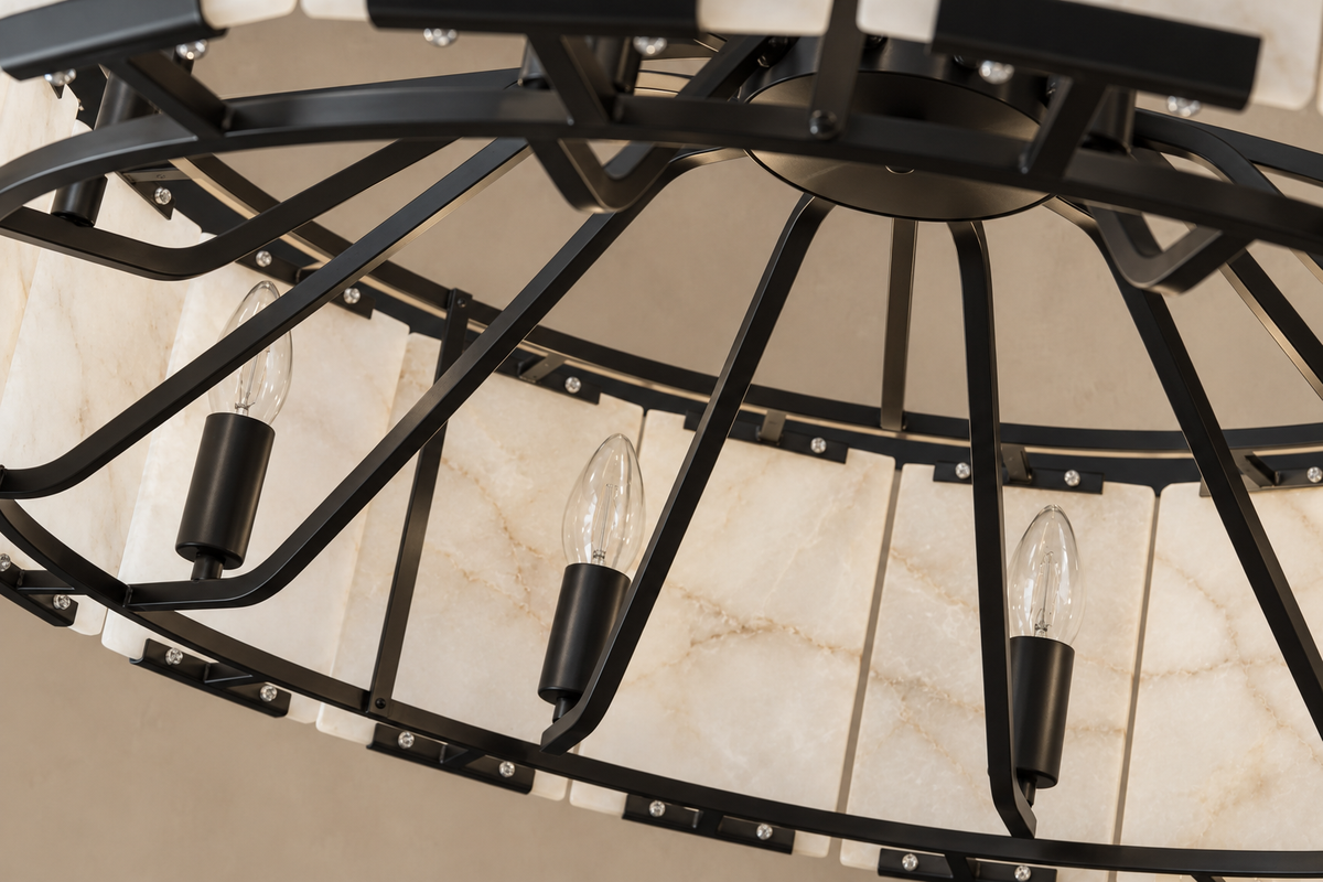Round Alabaster Halo Chandelier | Black Stainless Steel | CLPOR022B