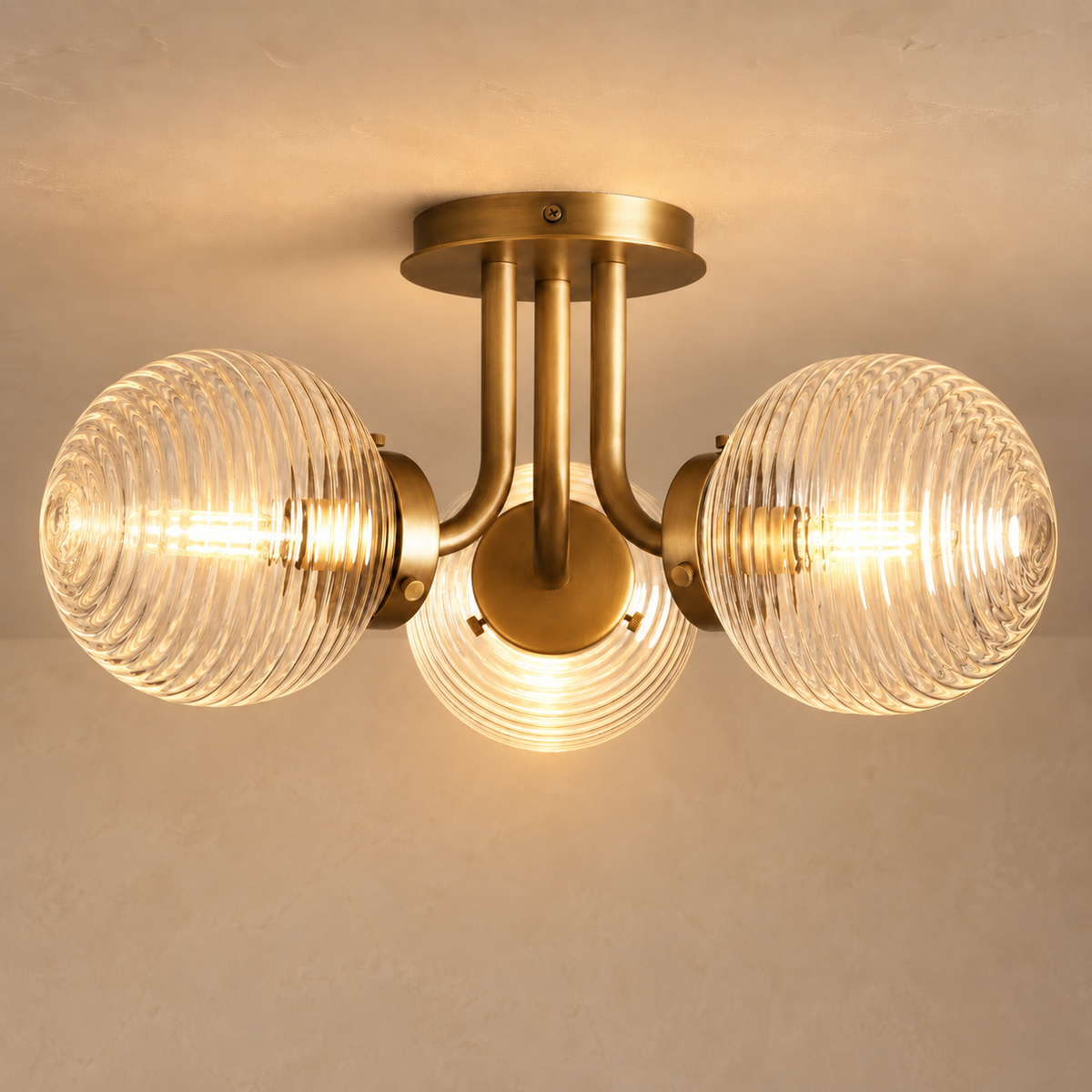 Sfera Tre Flush Mount | Ribbed Glass & Brass | CLSF4903BR