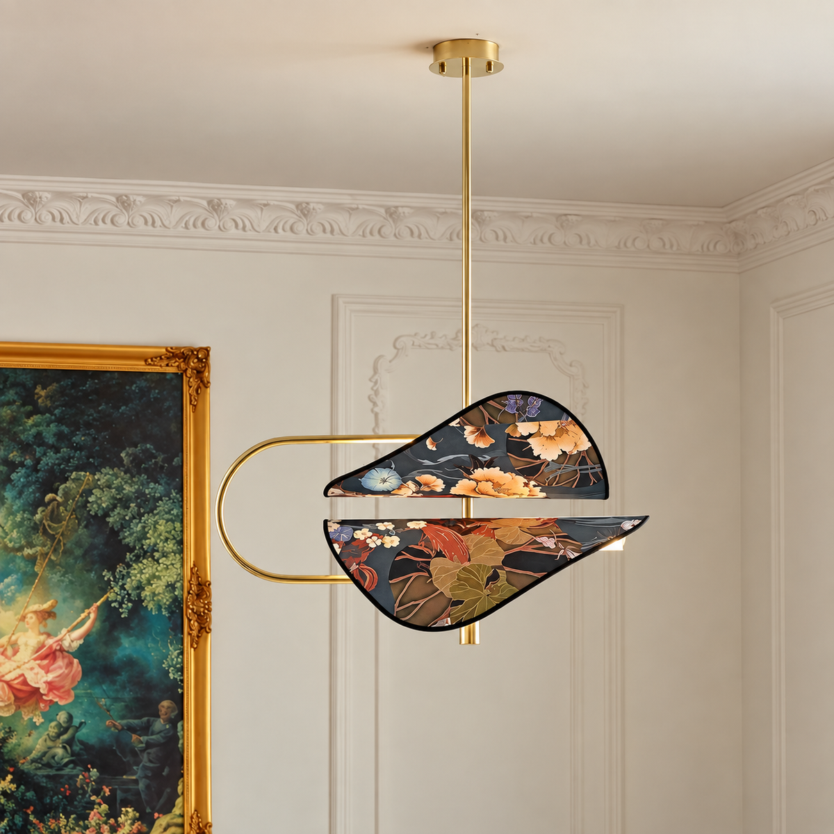 Floral Fabric & Brass Pendant | White | CLFTAKI550