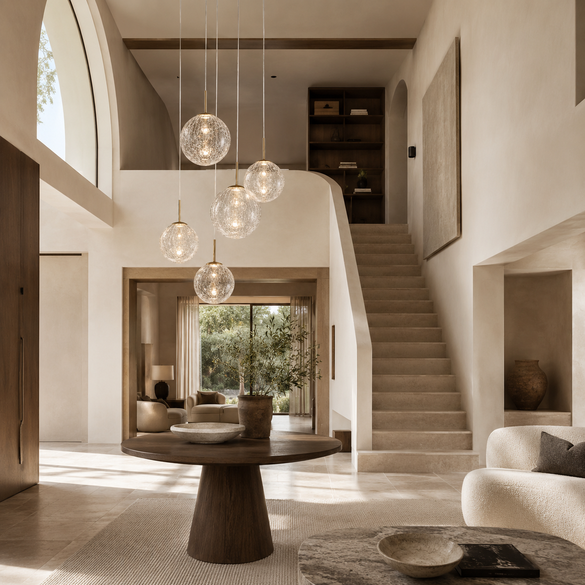 5-light colored glass and brass pendant installed in an interior — CLND008