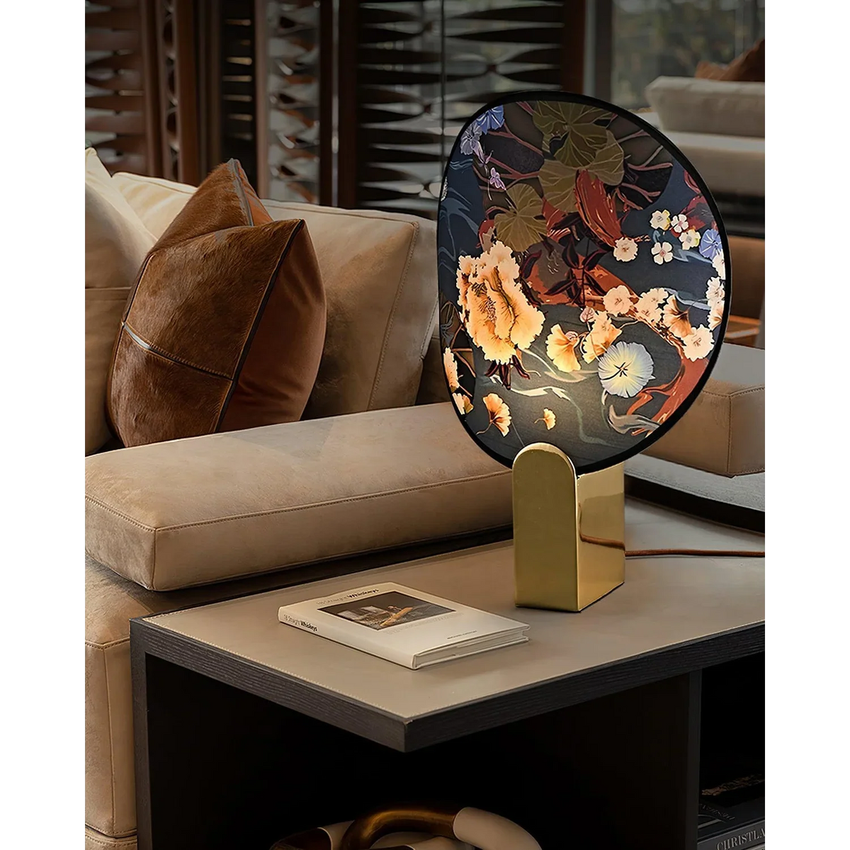 Blue Table Lamp for Living Room and Bedroom | Botanical Fabric Shade Sculptural Steel Base Console Casalola Lights
