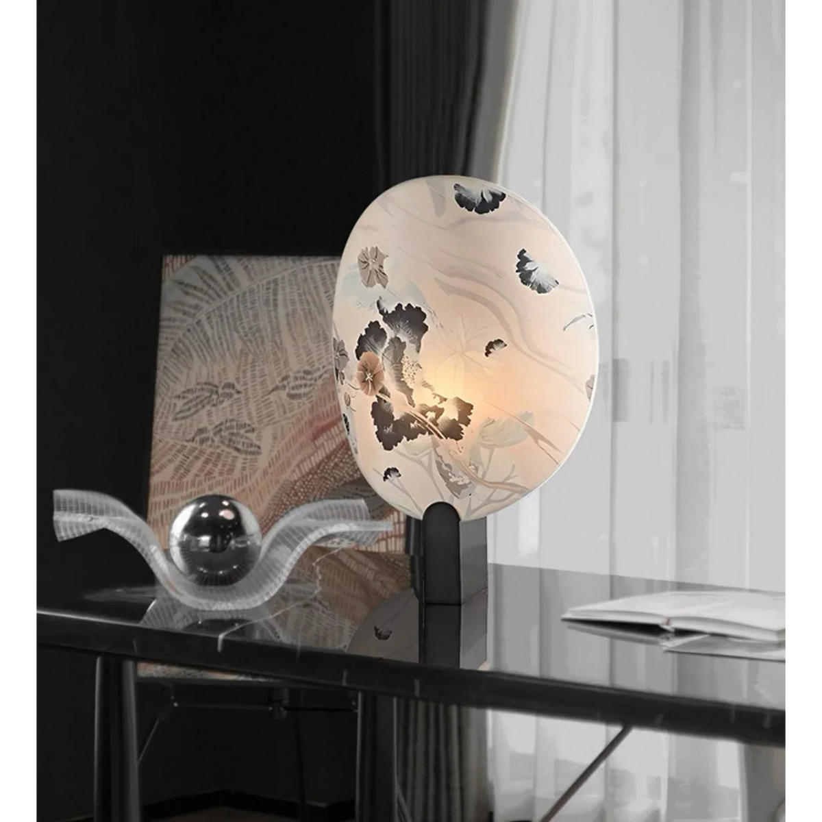 White Table Lamp for Living Room and Bedroom | Botanical Fabric Shade Sculptural Steel Base Console Casalola Lights