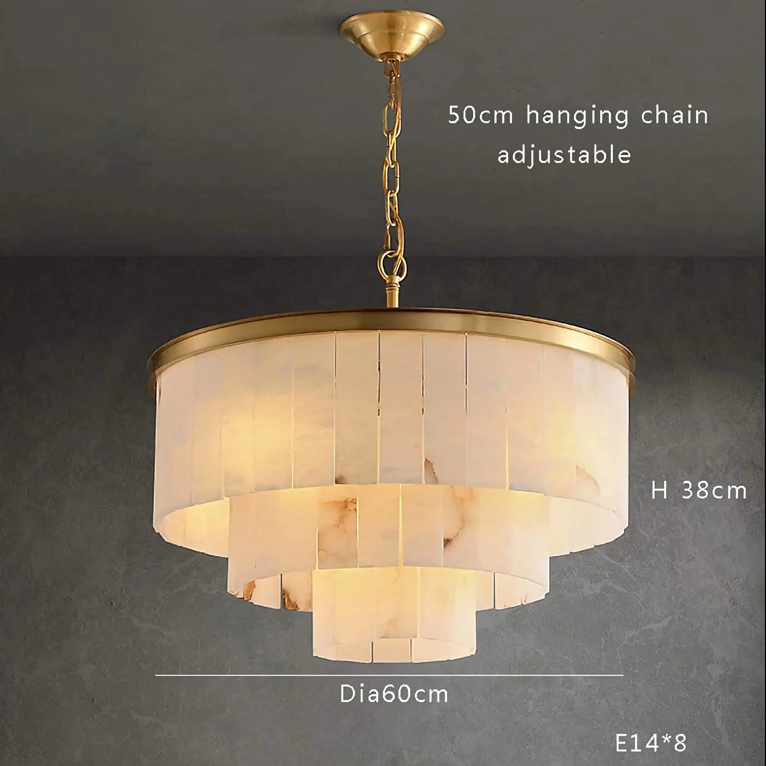Tiered round alabaster chandelier in a living room