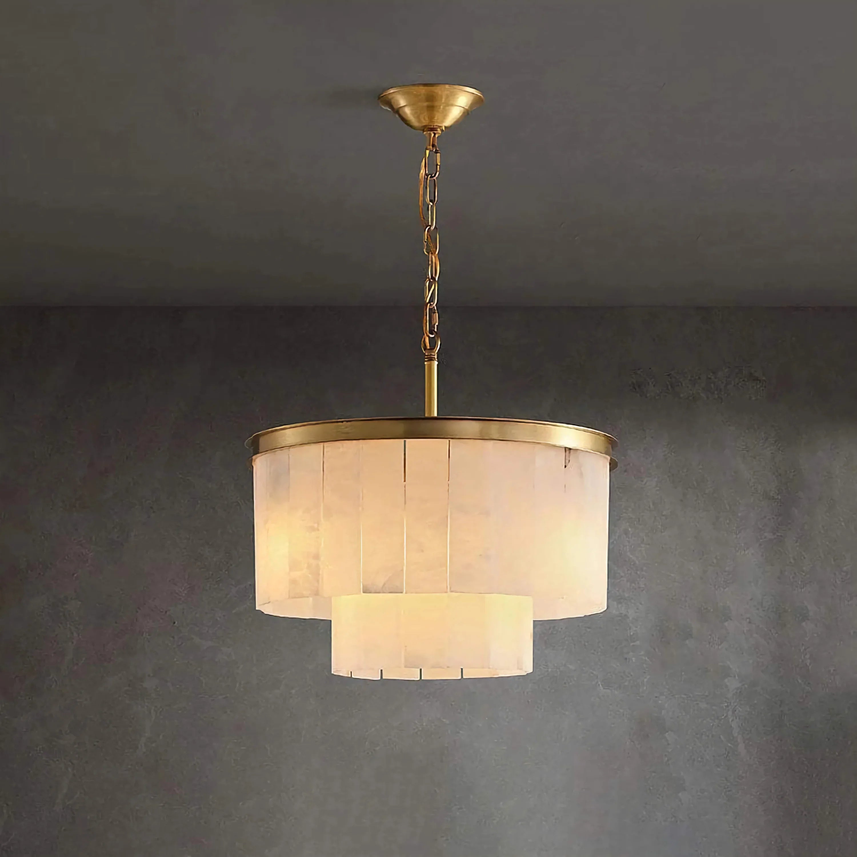 Tiered alabaster chandelier in a foyer