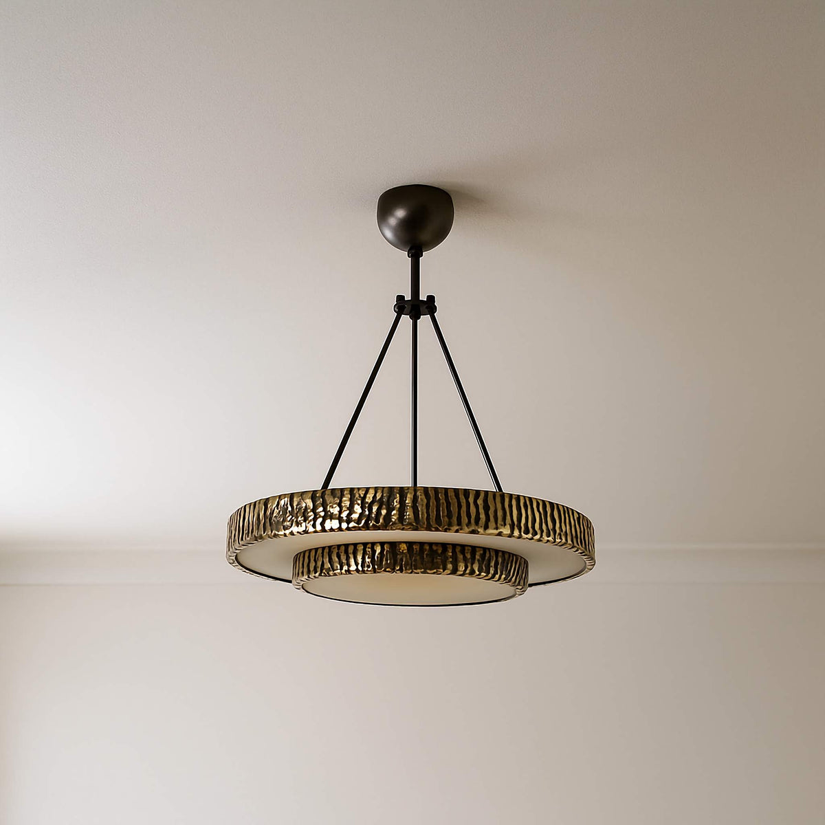 Alabaster and Brass Round Chandelier for Dining Room or Entry | Two Tiers 89 Cm (35″) Wide Hand Tooled Casalola Lights