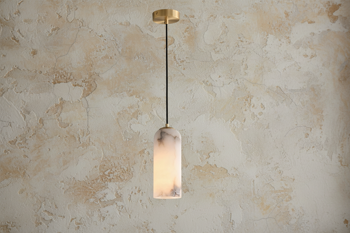 Spanish Alabaster Pendant Light for Kitchen Island or Bedside | 10 Cm (3.9″) Wide Column Solid Brass Casalola Lights