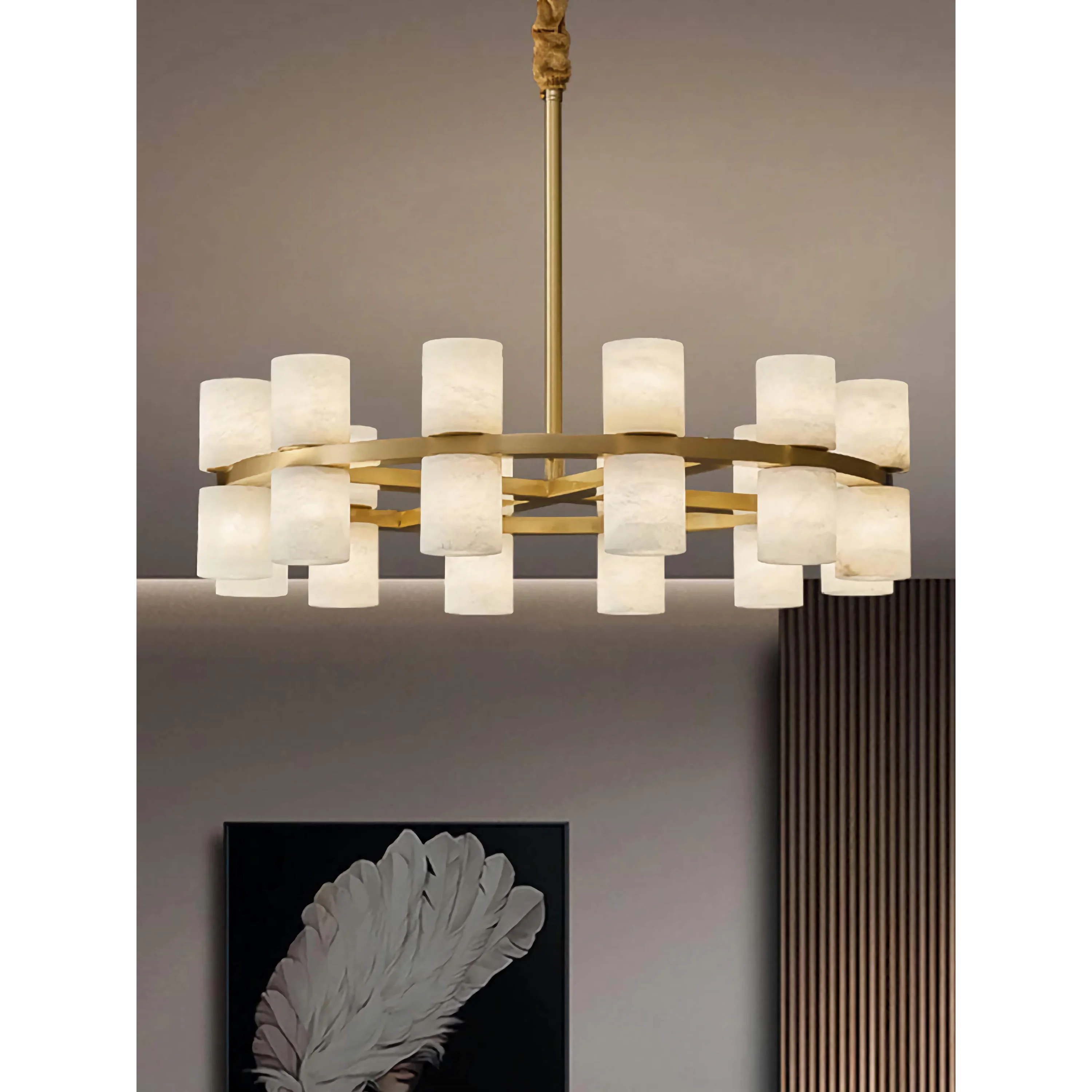 Alabaster Cylinder Chandelier | 2-tier Brass Frame Pendant | 12-light Fixture for Dining Room Foyer or Gallery