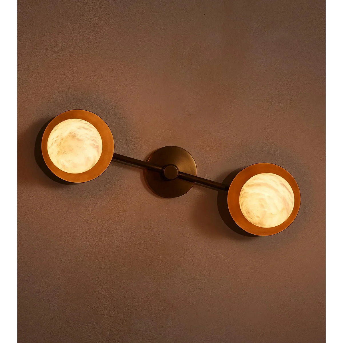 Double Alabaster Globe Wall Sconce Brass | Vanity Bar Headboard Light Wide Horizontal Format Casalola Lights Luxury