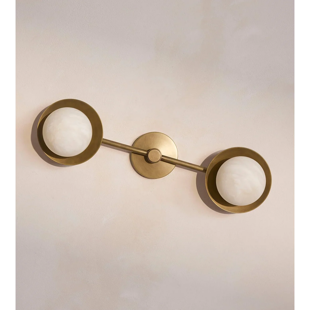Double Alabaster Globe Wall Sconce Brass | Vanity Bar Headboard Light Wide Horizontal Format Casalola Lights Luxury
