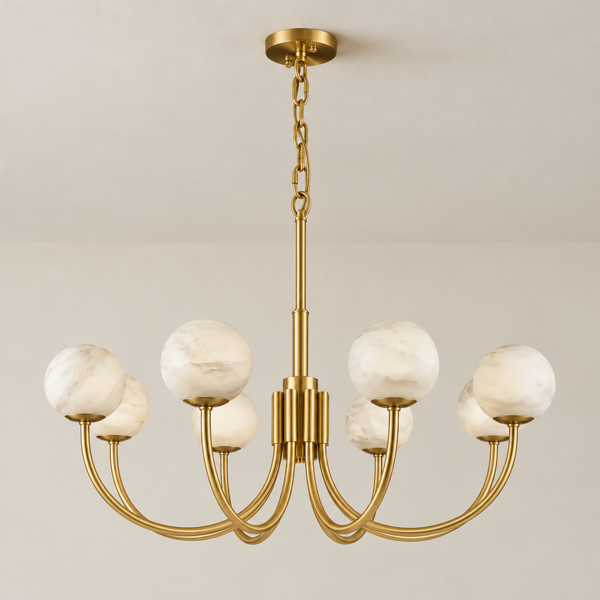 Eight-globe brass chandelier unlit, showing cloudy natural alabaster.