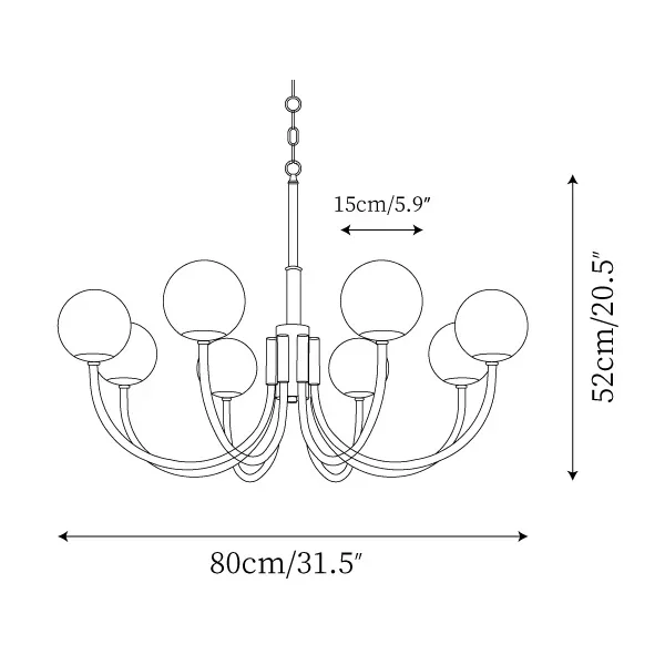 8-head alabaster globe chandelier size diagram, 80 cm diameter and 52 cm body height.