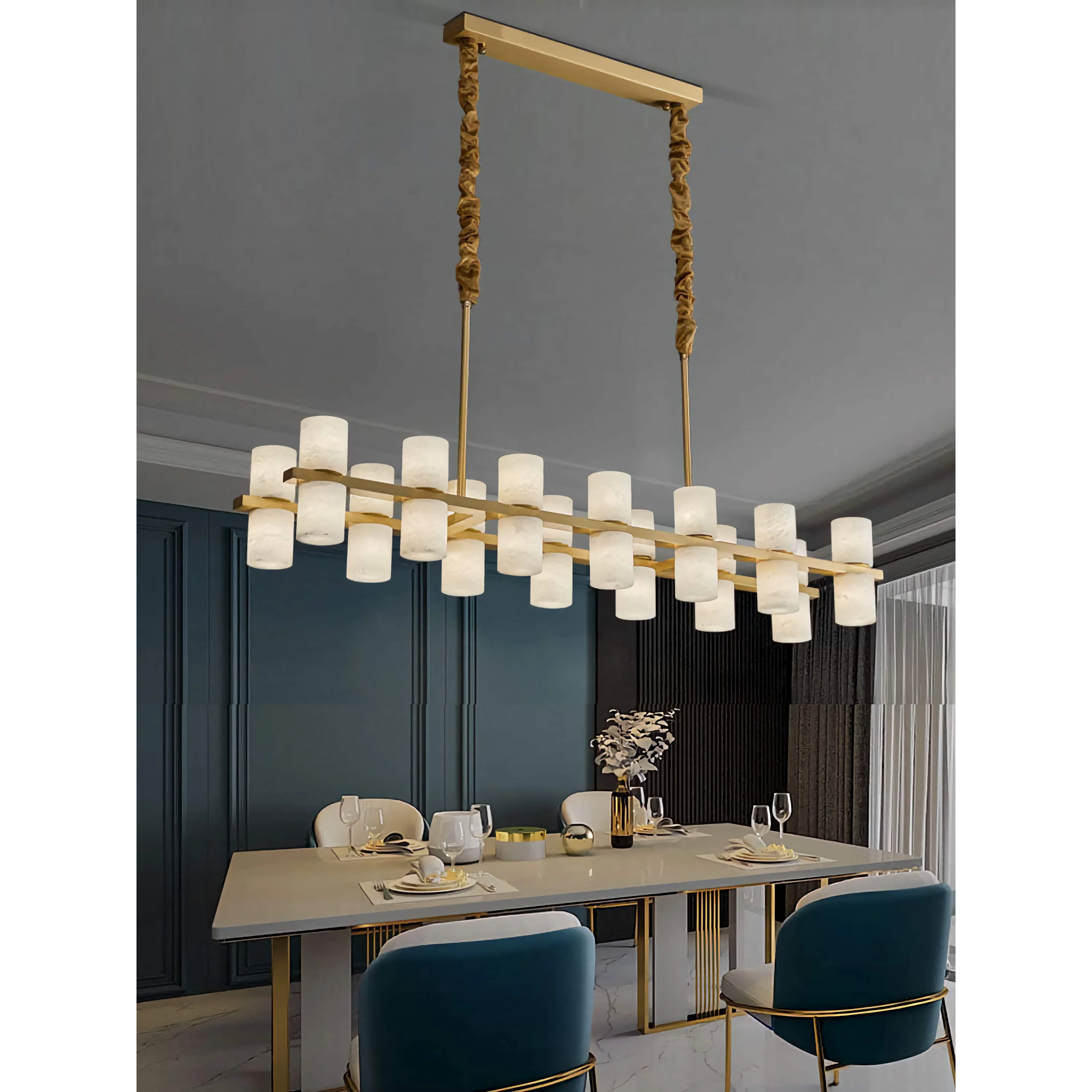 Alabaster Linear Chandelier | Brushed Brass Island Light | 24 Fixture for Dining Table or Kitchen Peninsula