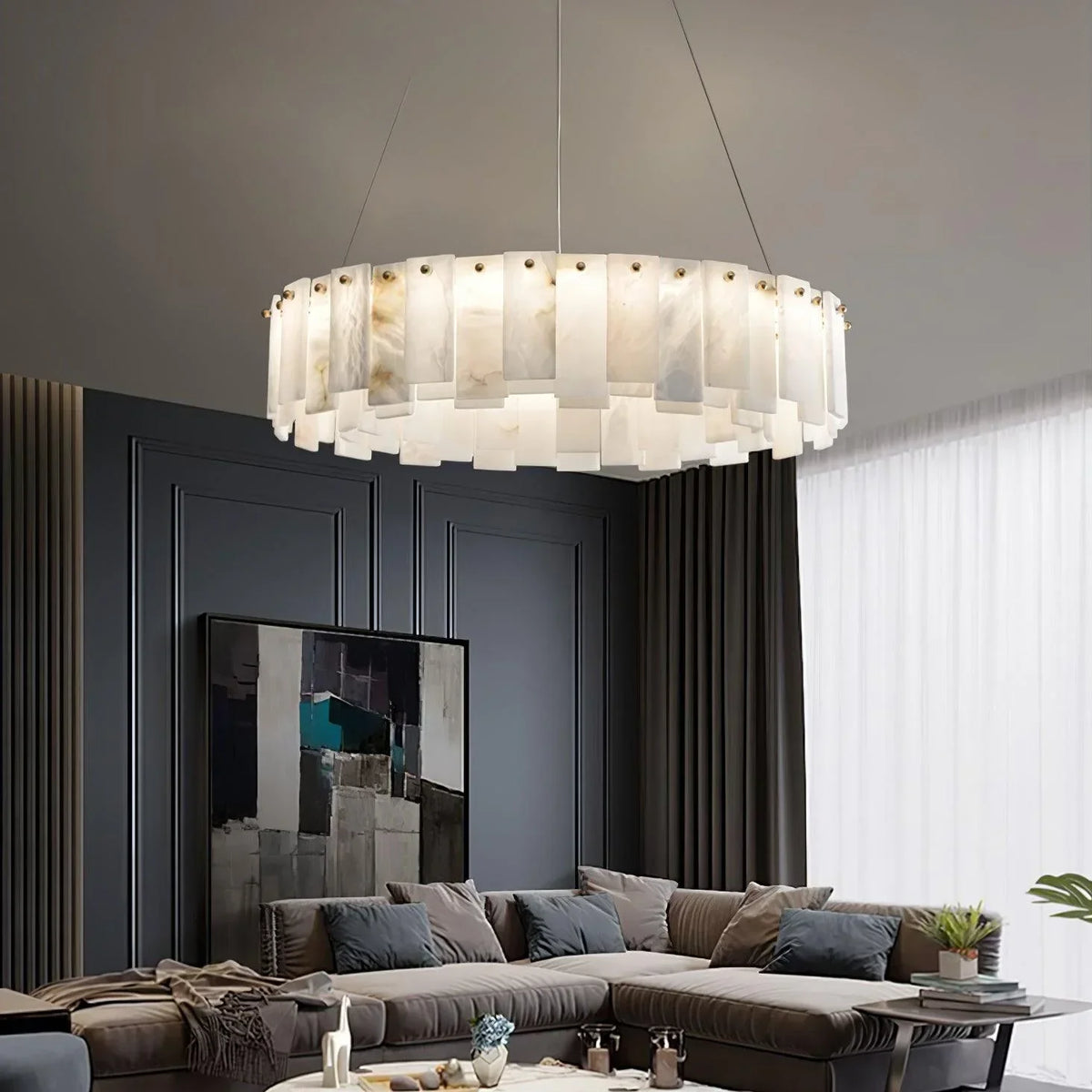 Alabaster Ring Chandelier for Dining Room | Brass Frame 18 24 31 or 39 Inch Wide 5.5 Profile Casalola Lights Luxury
