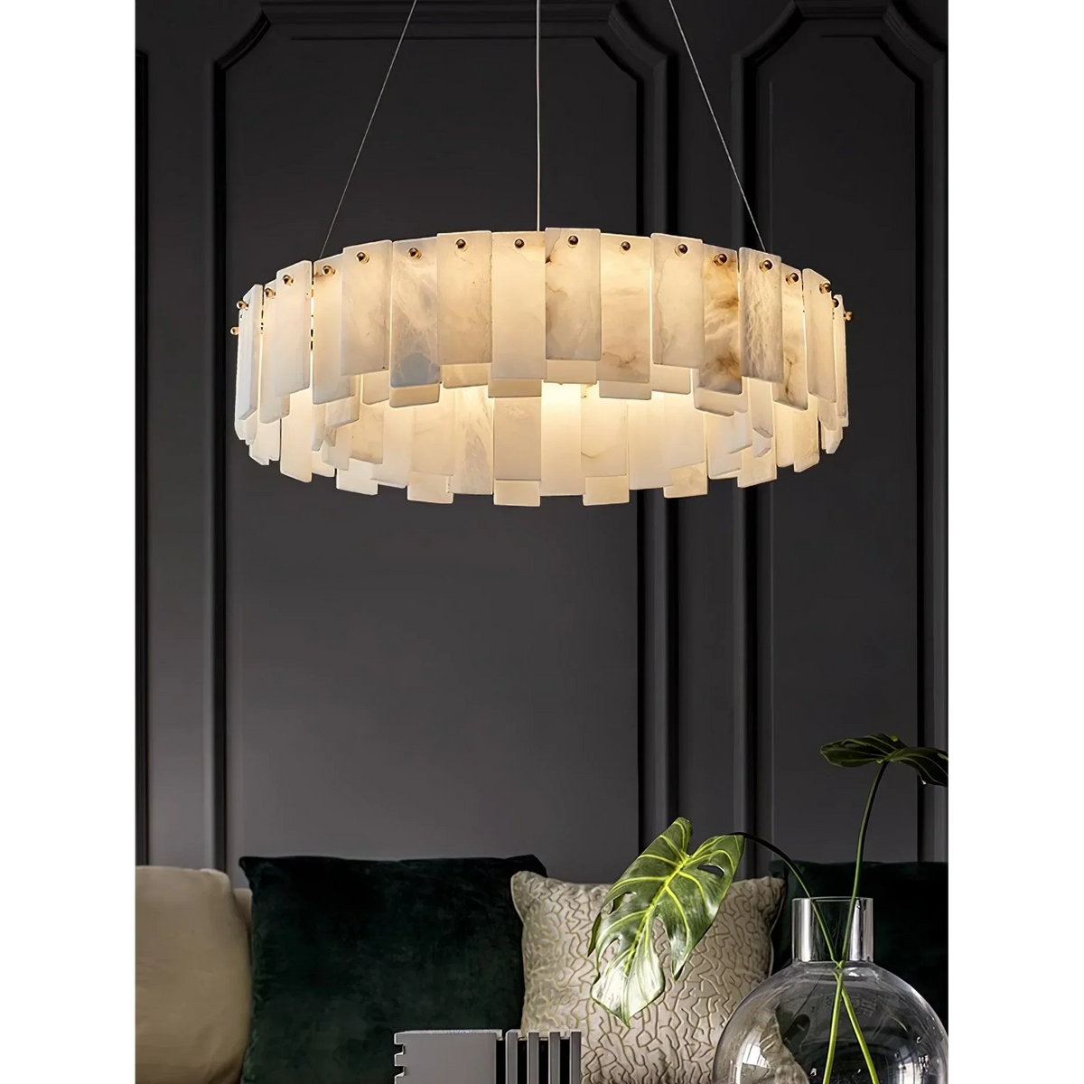 Alabaster Ring Chandelier for Dining Room | Brass Frame 18 24 31 or 39 Inch Wide 5.5 Profile Casalola Lights Luxury