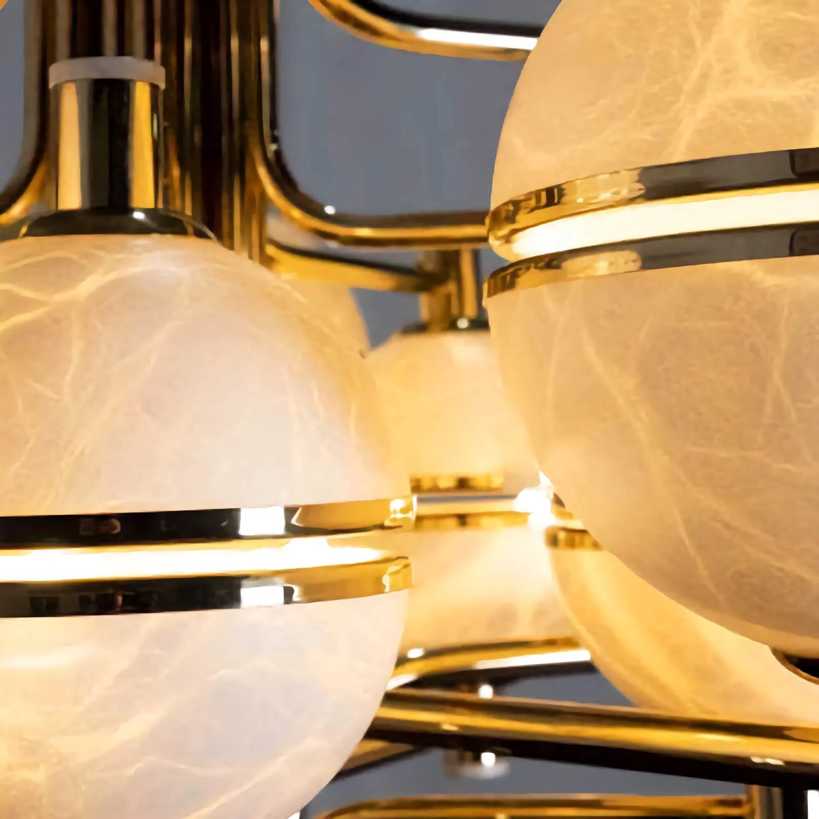 Orbital chandelier in a high-ceilinged library