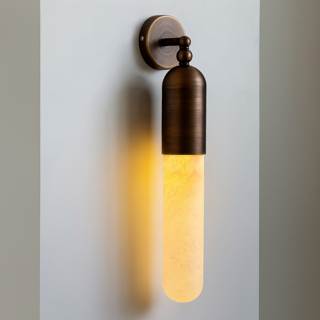 Genuine Alabaster Tube Wall Sconce Brass | Low Profile Hallway Vanity Pair Soft Stone Glow Casalola Lights Luxury Lamps