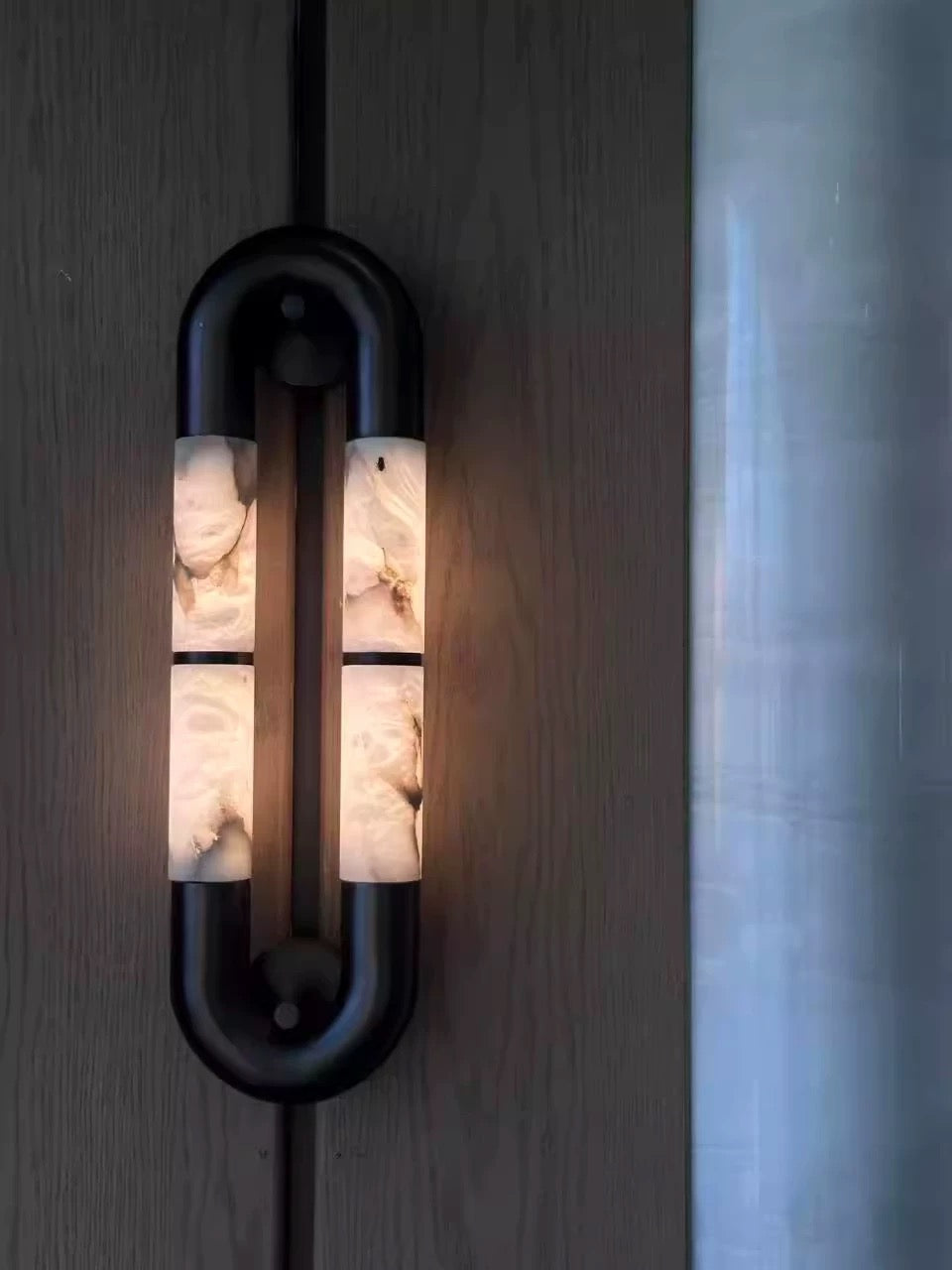 Genuine Alabaster Tube Wall Sconce Black | Tall Hallway Vanity Pair Full Height Stone Glow Casalola Lights Luxury Lamps
