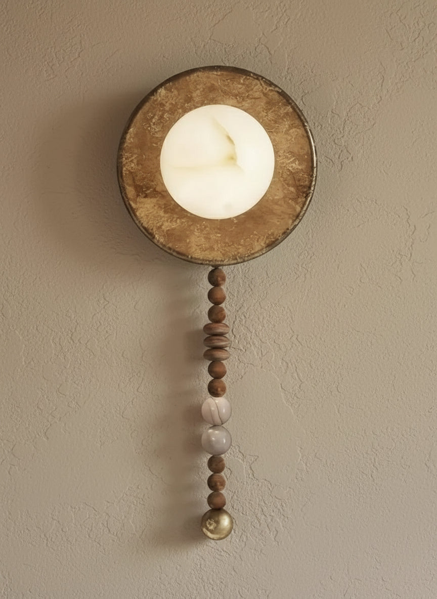 Genuine Alabaster Disc Wall Sconce Wood Beads | 2 Sizes Entryway Stair Light Wabi Sabi Casalola Lights Luxury Lamps
