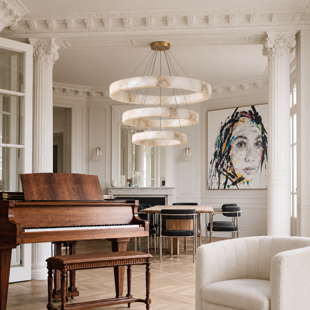 Anelli Tre Large alabaster chandelier installed in a Parisian salon beside a grand piano.