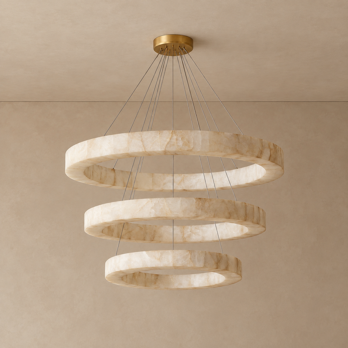 Large Genuine Alabaster 3 Ring Chandelier | Double Height Foyer Adjustable Cables Heavy Duty Mount Casalola Lights