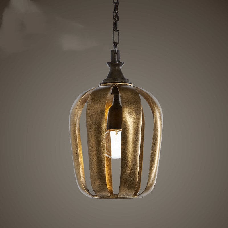 Antique Gold Cage Pendant Light in Iron – Vintage Industrial Ceiling Fixture for Dining Room or Entryway - Lamps