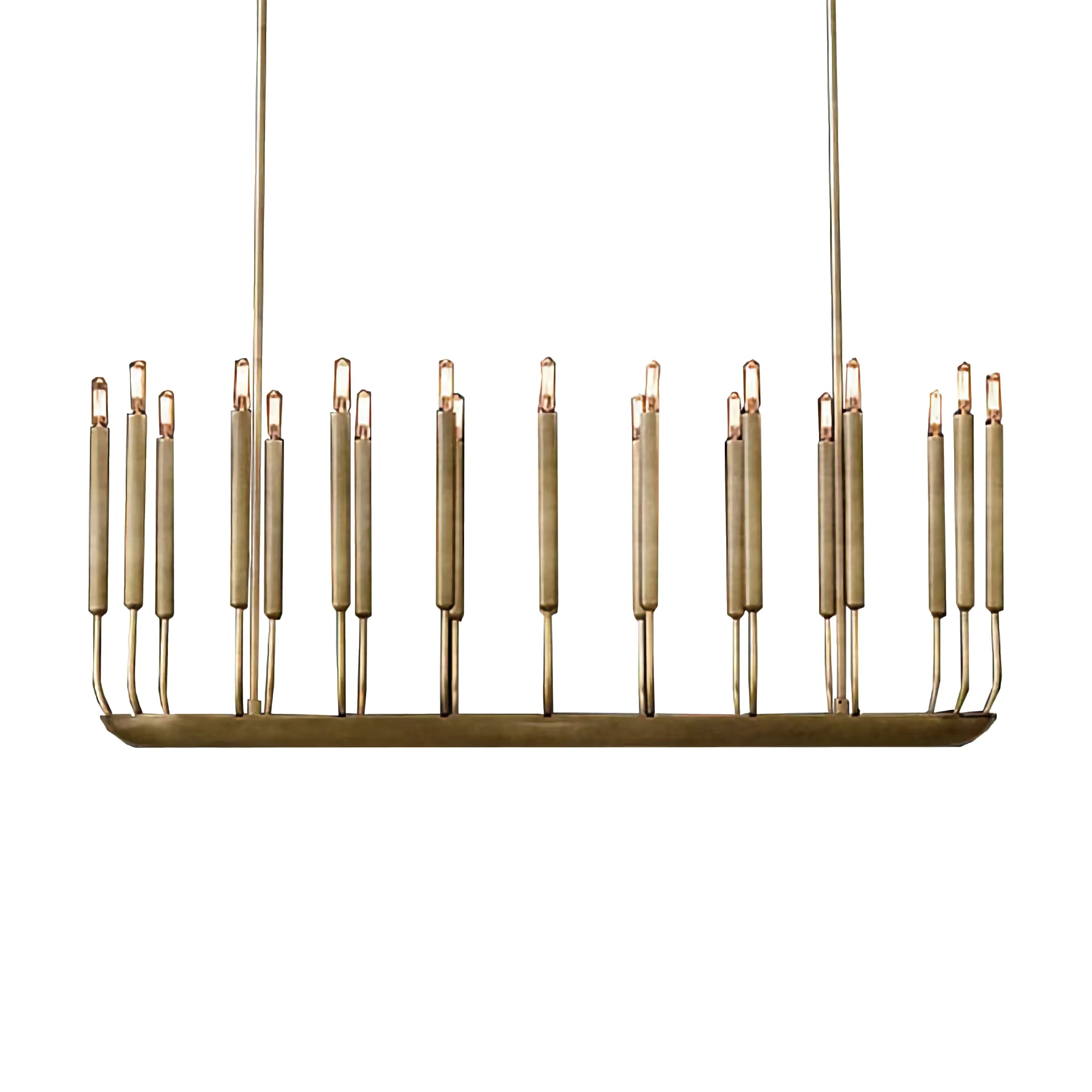 Slim Patinated Copper Candle Chandelier | 20 Light Linear Fixture for Dining & Gallery