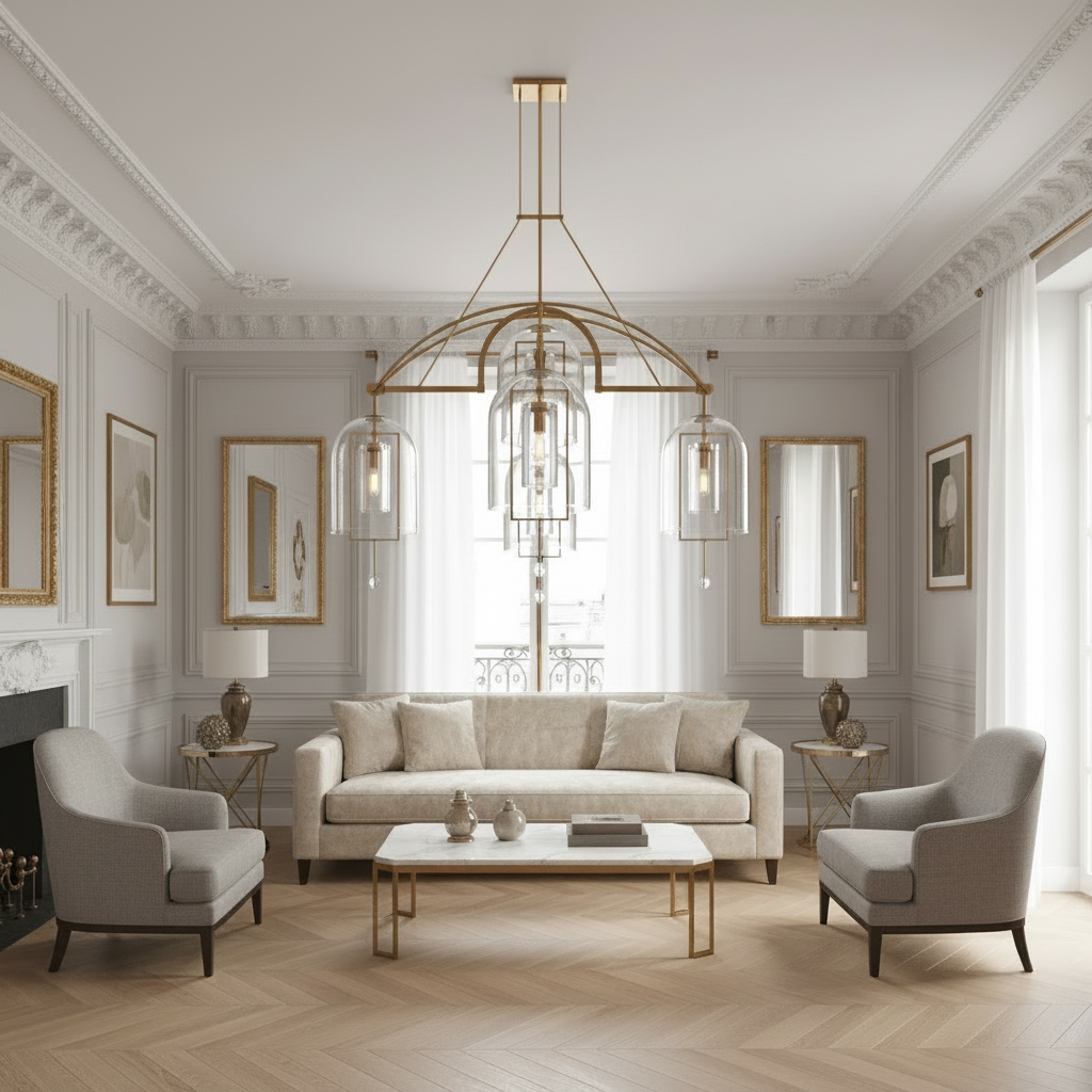 ART DECO GLASS AND COPPER 5-LIGHTS CHANDELIER | CLZZZTYA