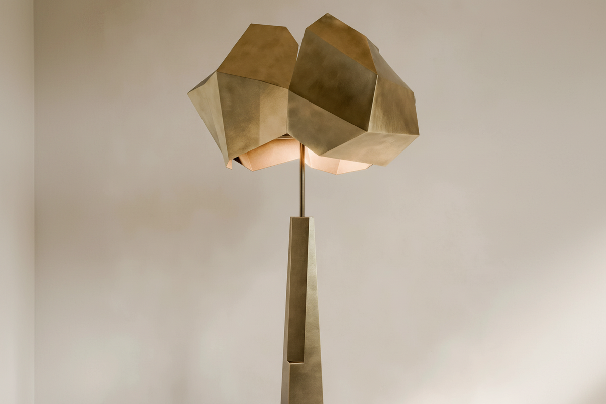 Patinated Alloy Sculpture Floor Lamp Black or Antique Gold | Faceted Brutalist Entryway Casalola Lights Luxury Lamps