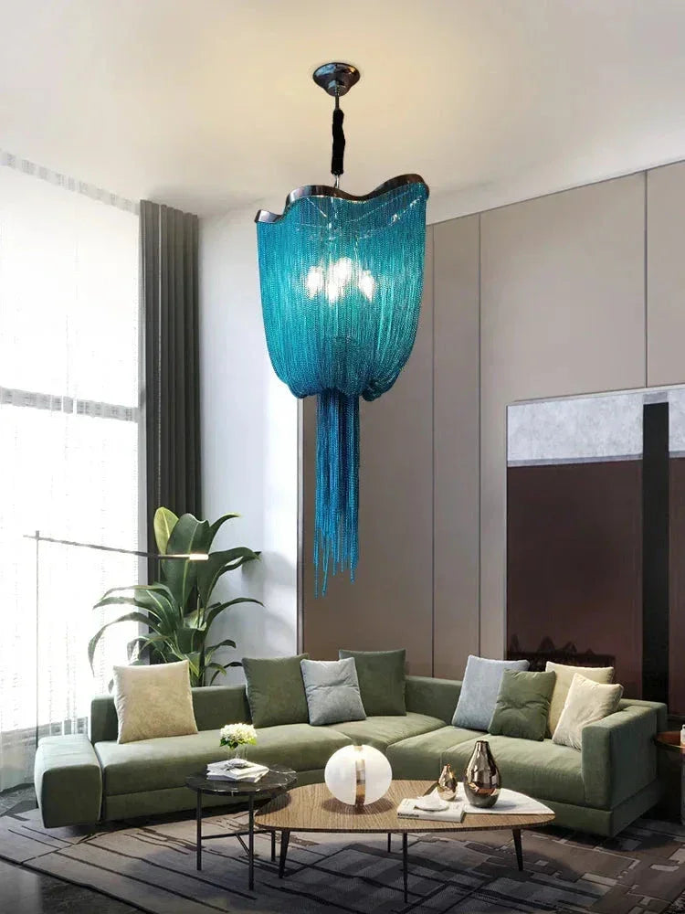 Azurro Chandelier | Luxury Blue Beaded Ceiling Lamps for Stairs Dining Room Living - Chandeliers