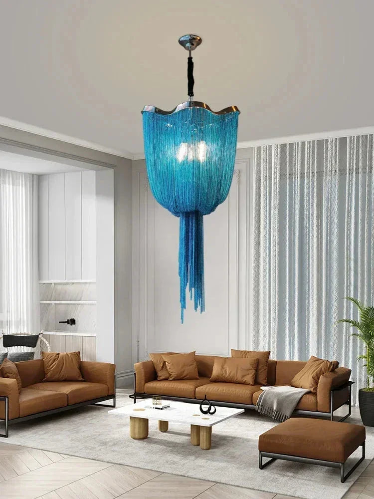 Azurro Chandelier | Luxury Blue Beaded Ceiling Lamps for Stairs Dining Room Living - Chandeliers