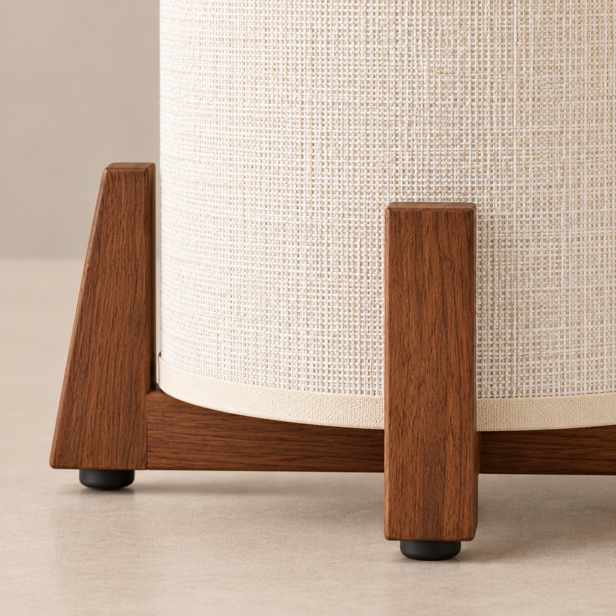 Walnut support and woven shade detail of the Bamboo and Walnut table lamp