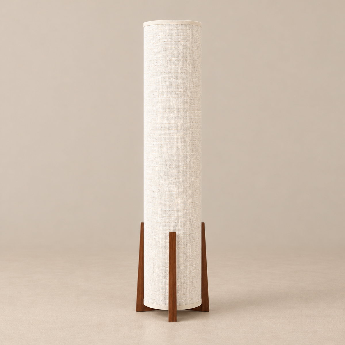 Bamboo and Walnut floor lamp with tall cylindrical shade, switched off