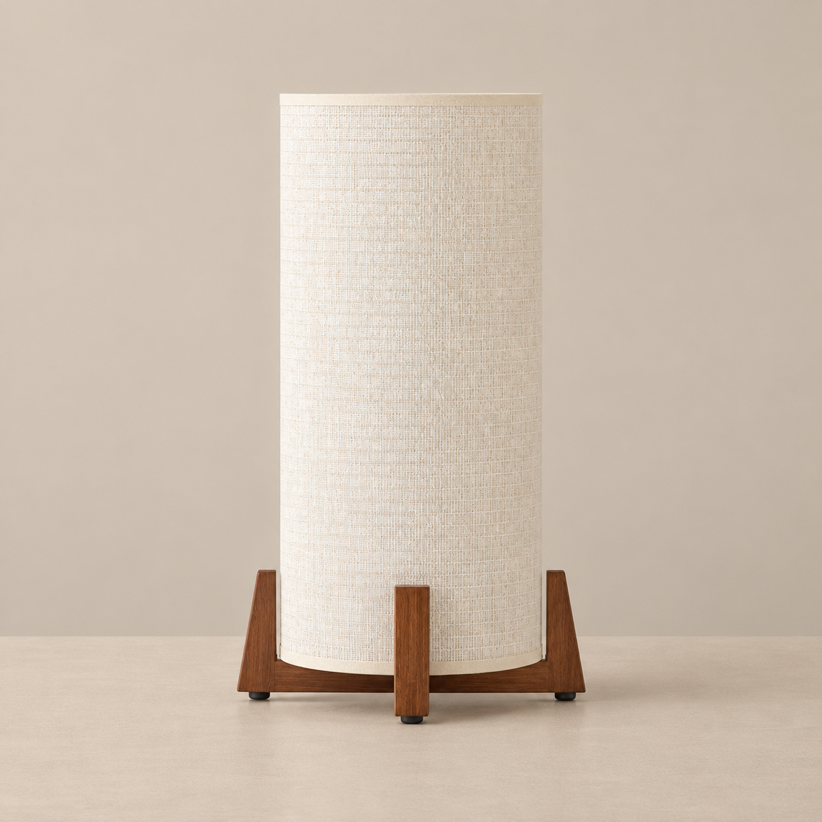 Bamboo and Walnut table lamp switched off on a beige background