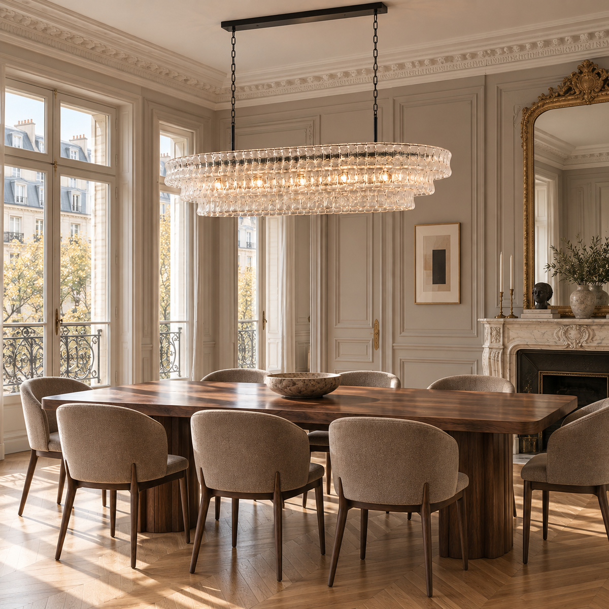 Extra Large Clear Glass Chandelier Brass Art Deco | Wide Shallow Form for a Hotel Lobby or Dining Room Casalola Lights
