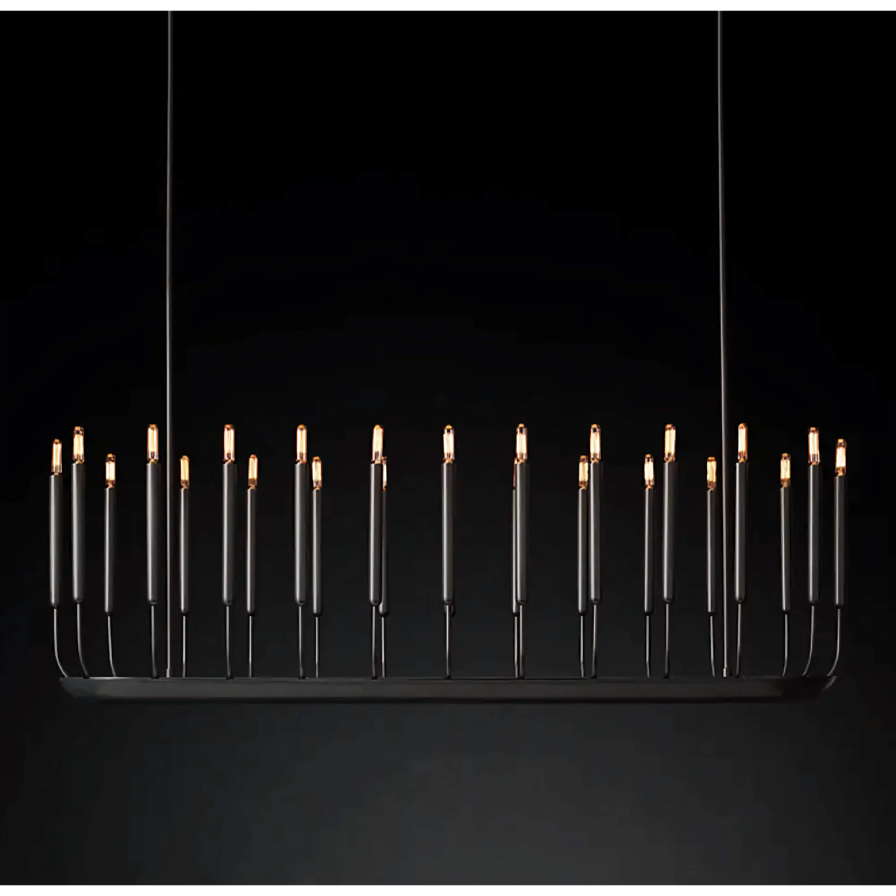 Copper linear chandelier over a kitchen island