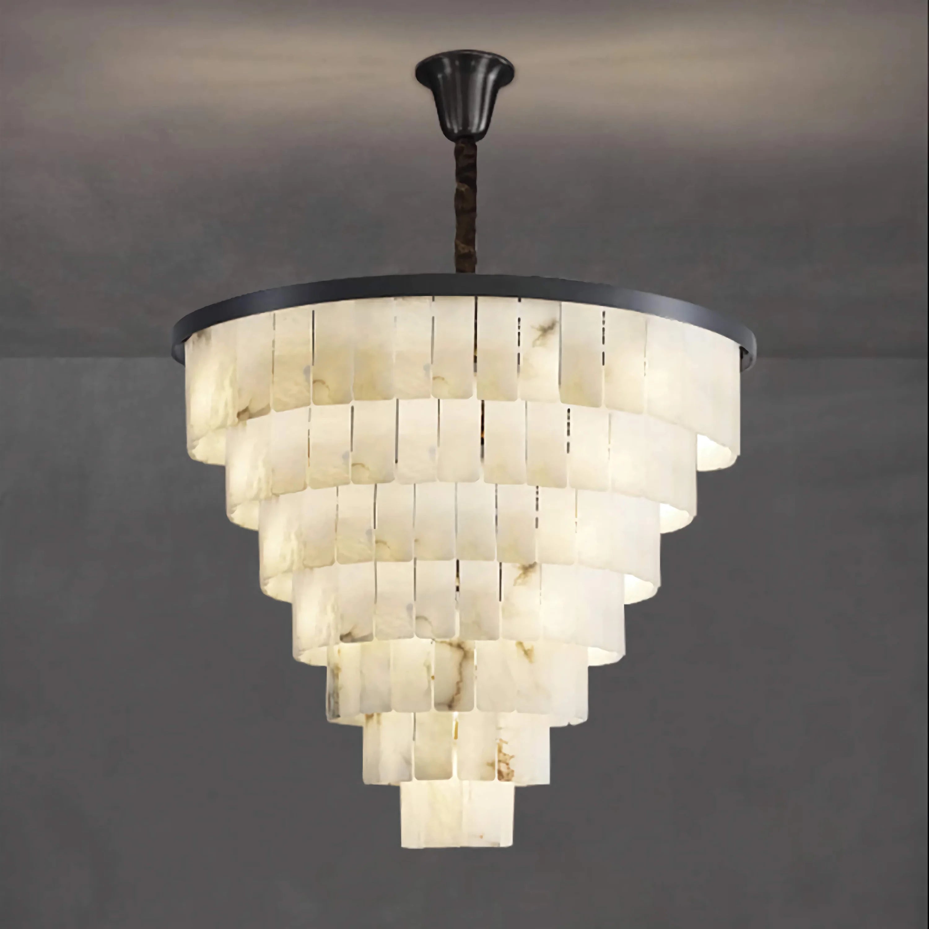 Tiered Alabaster Semi Flush Chandelier | Blackened Copper Frame | Designer Ceiling Light