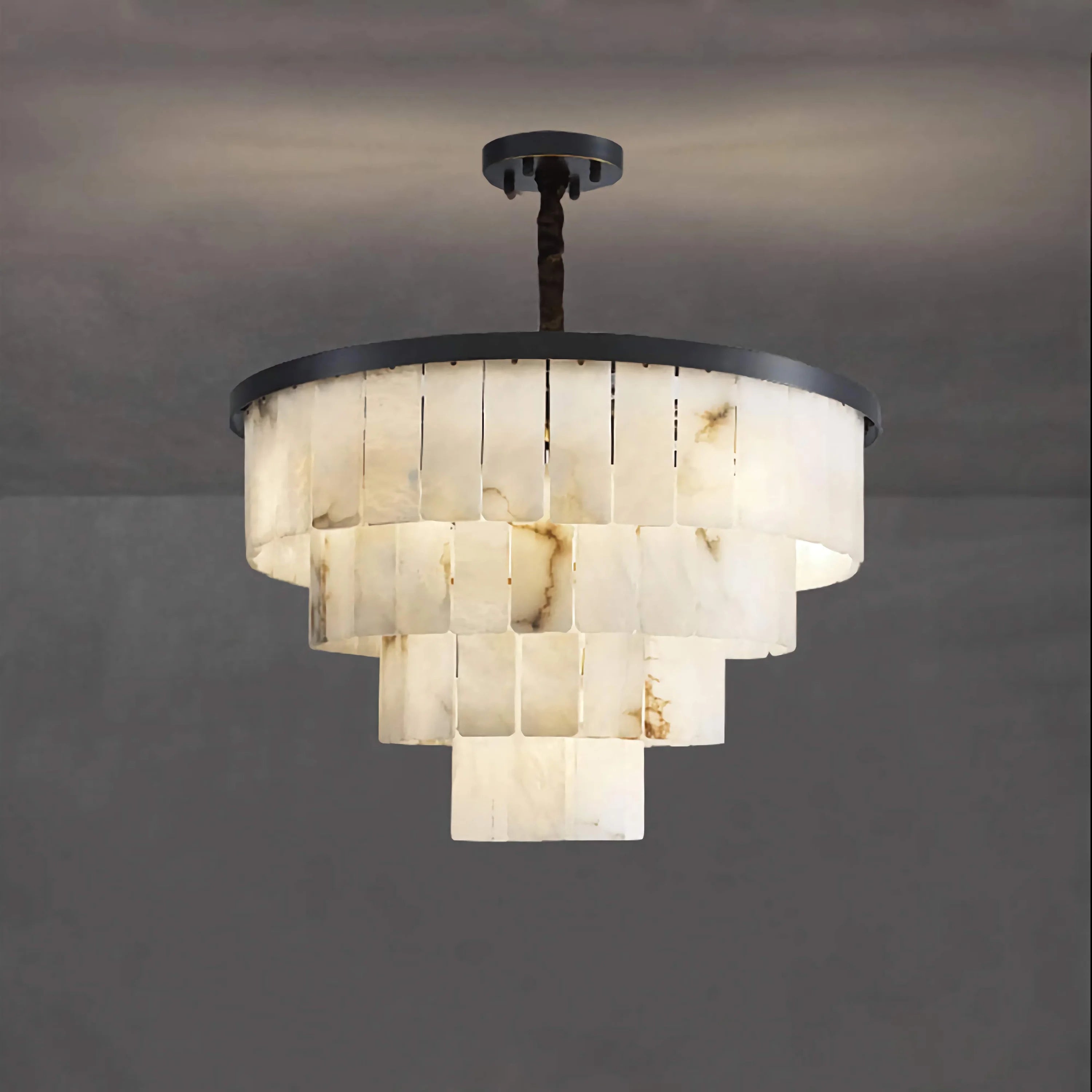 Tiered Alabaster Semi Flush Chandelier | Blackened Copper Frame | Designer Ceiling Light