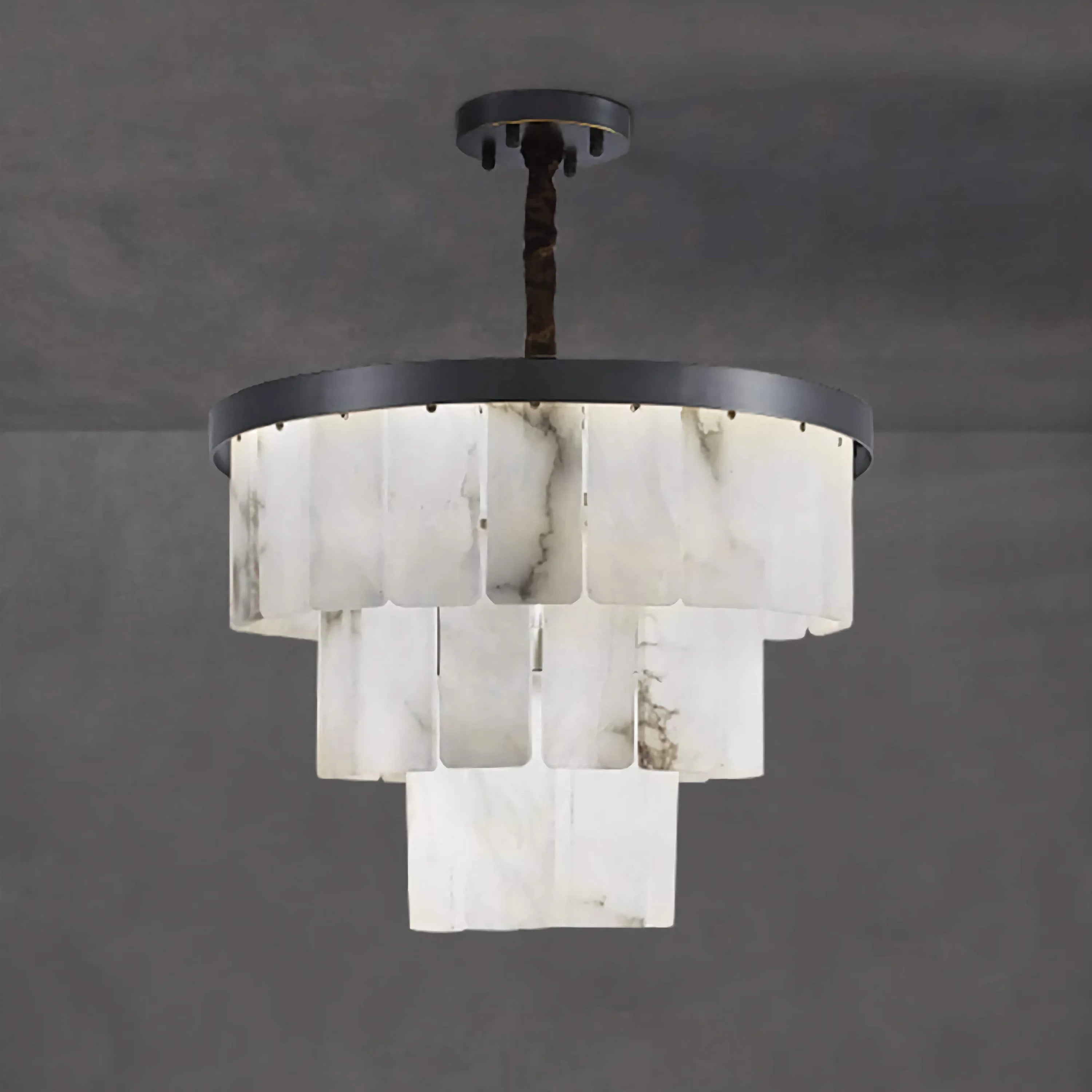 Tiered Alabaster Semi Flush Chandelier | Blackened Copper Frame | Designer Ceiling Light