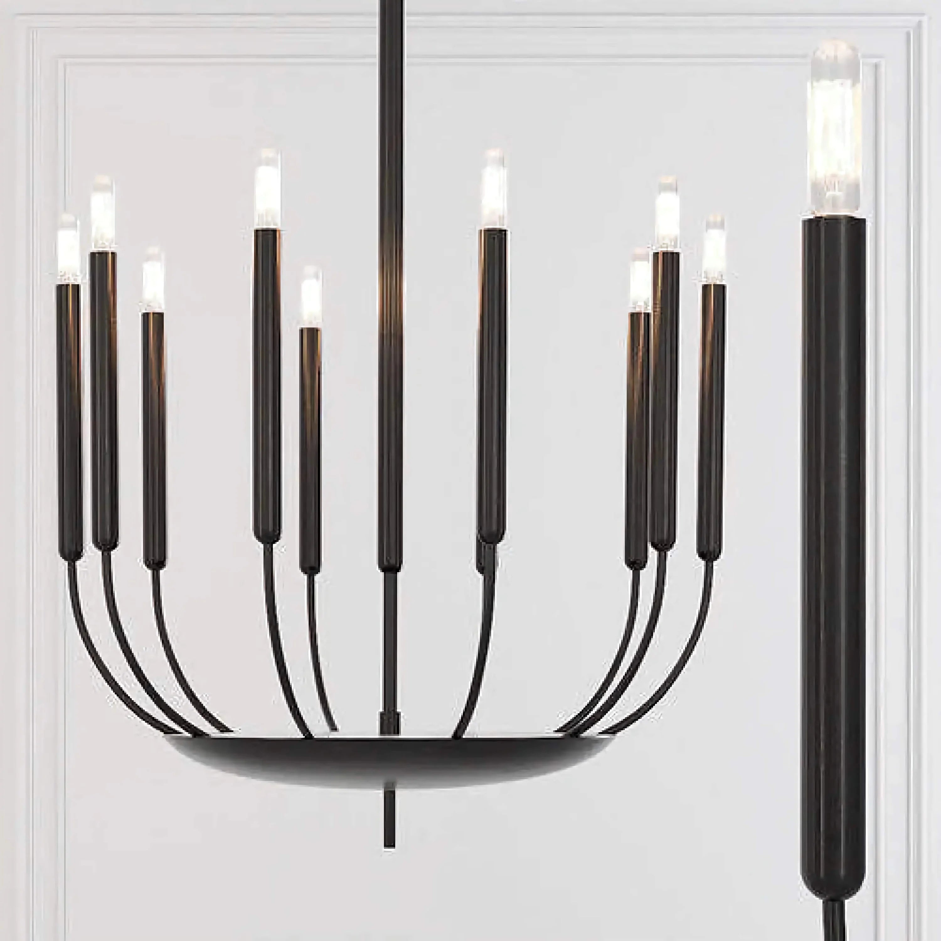 Black Slender Copper Candle Chandelier | Modern Pendant Lighting for Dining Room | Sculptural Candelabra Fixture