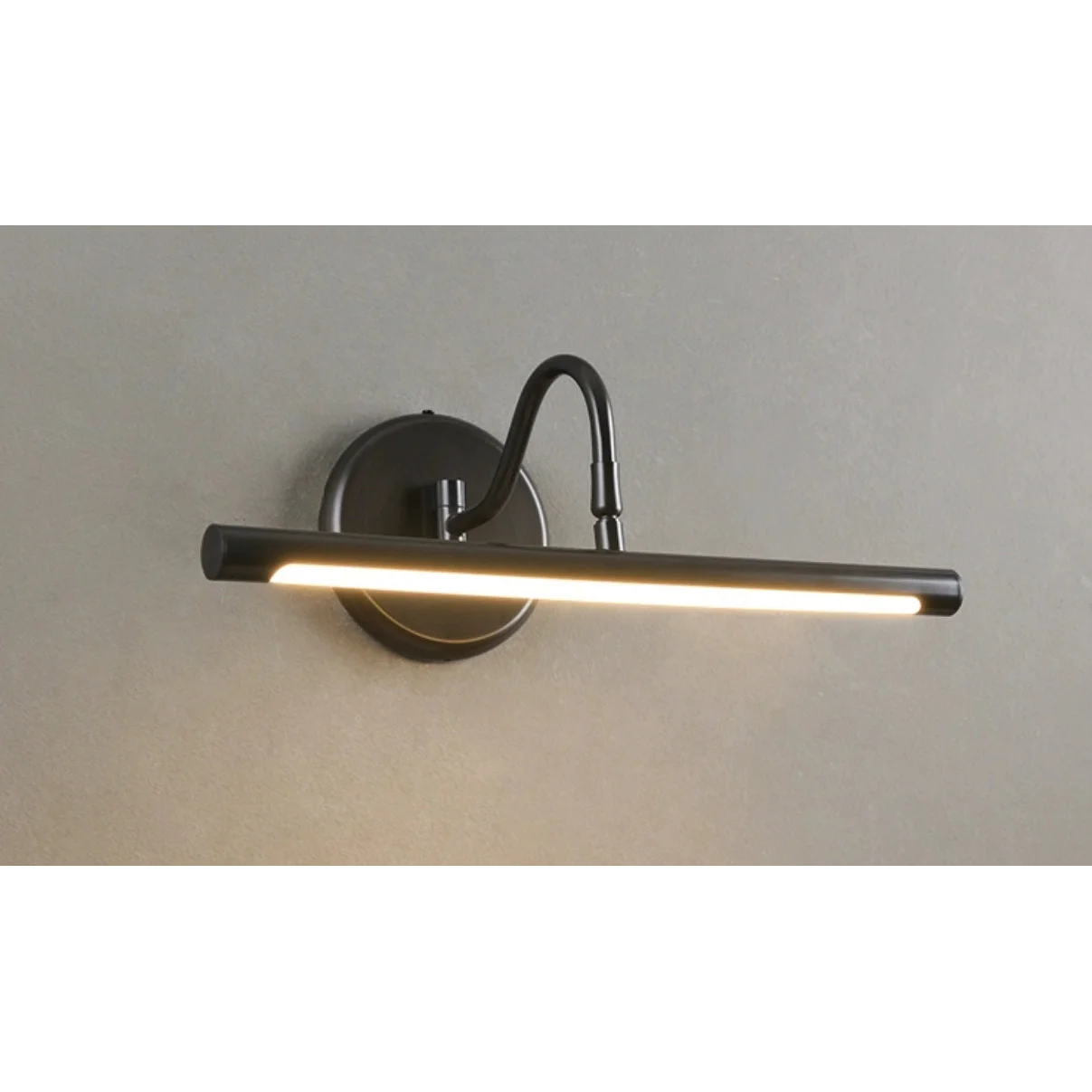 Curved copper arm with a slim LED bar in matte black