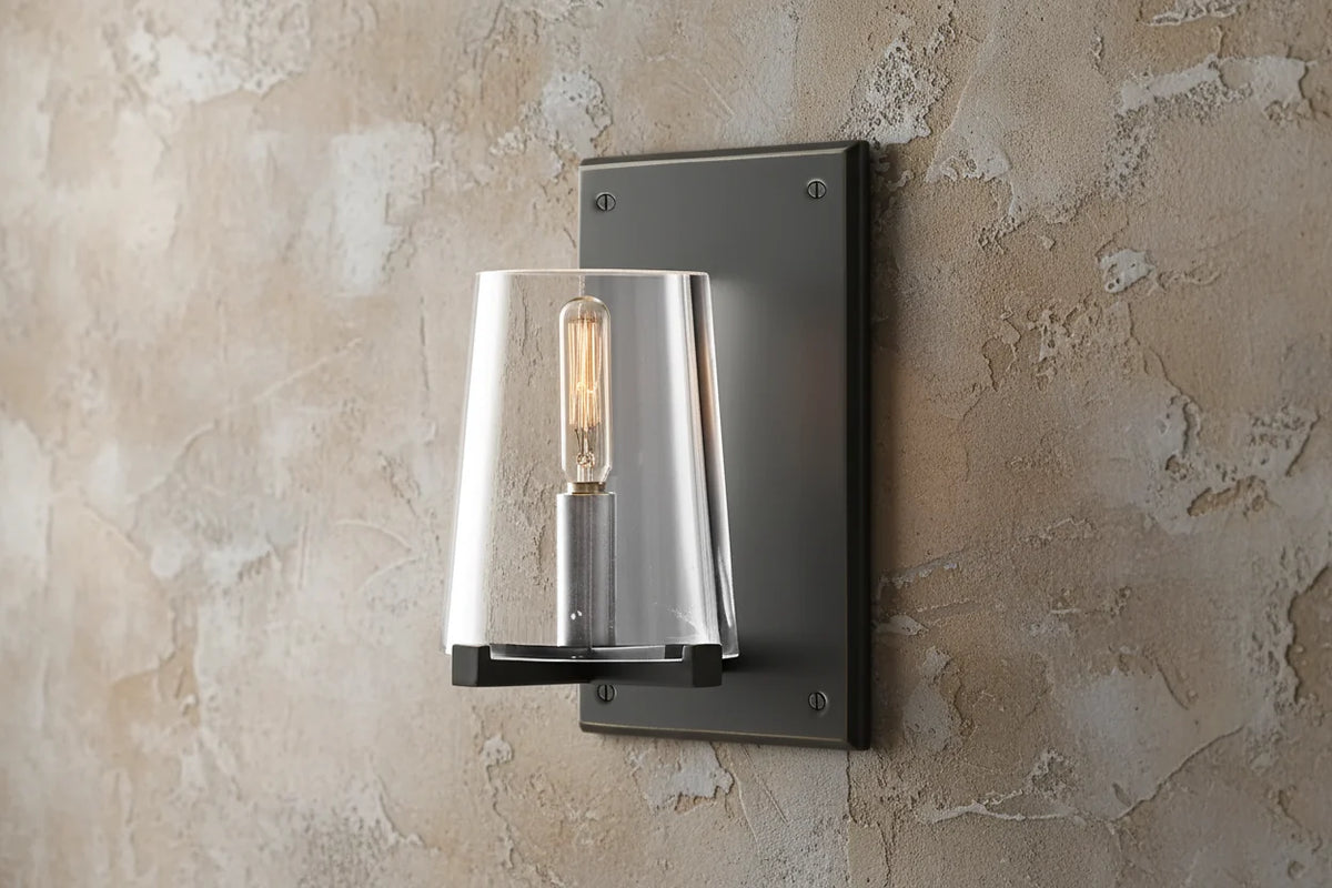 Black Glass & Copper Wall Sconce | Clear-shade Modern Bedroom Hallway Bath Minimalist Casalolalights Luxury Lamps