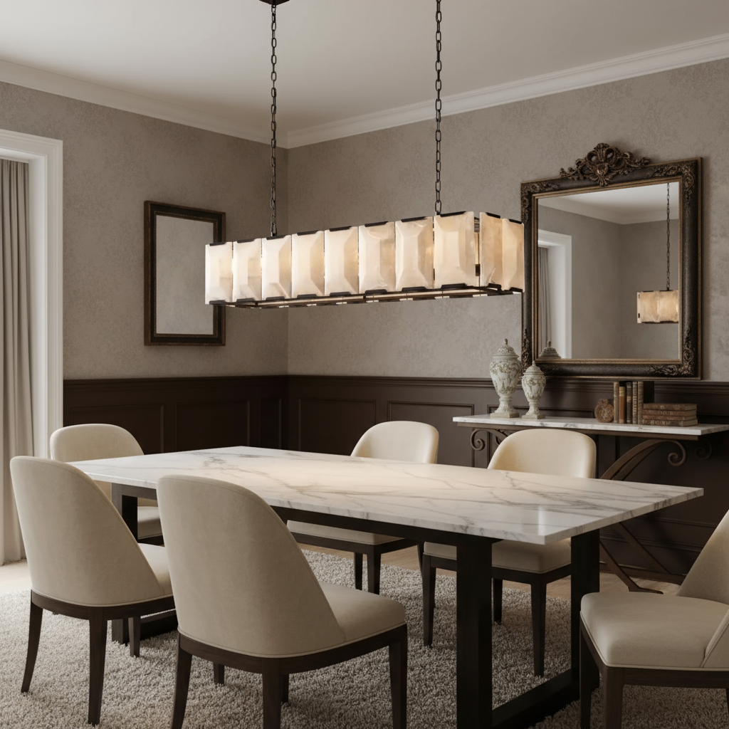 Black linear alabaster chandelier over a kitchen island